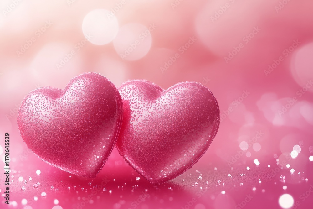 Fototapeta premium Two sparkling pink hearts on a soft background symbolize love and affection