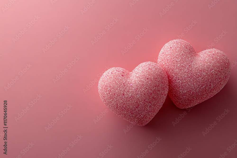 Fototapeta premium Two glittery pink hearts on a soft pink background representing love and affection in a romantic theme