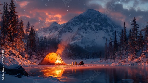 Cozy winter camping scene by a frozen lake at sunset, with a warm orange tent, campfire, and snowy mountains in the background. photo