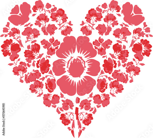 Red heart formed from flowers vector icon isolated on a transparent background.