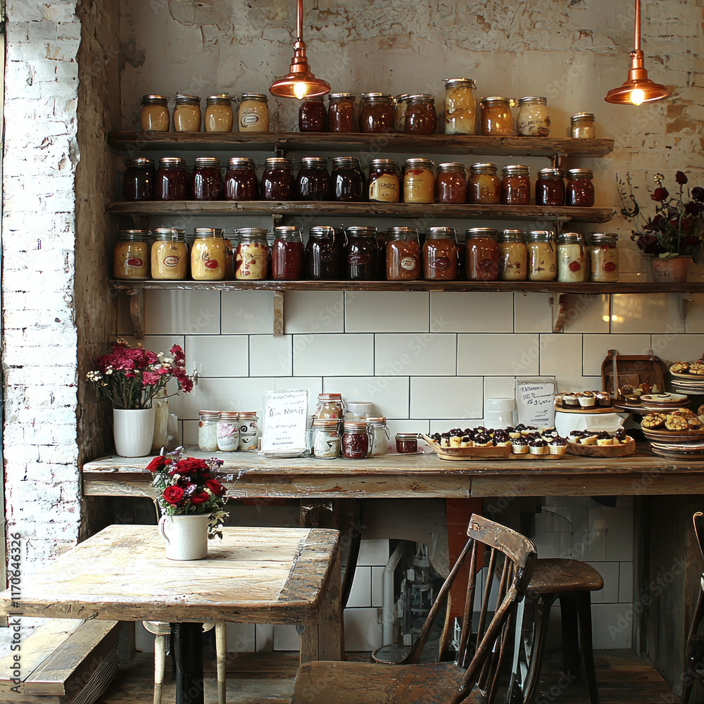 Rustic cafe interior with shelves of jars, pastries, and wooden furniture. Rustic cafe interior with shelves of jars, pastries, and wooden furniture.