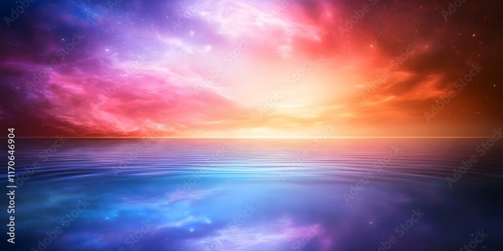 Fototapeta premium A vibrant cosmic scene with colorful clouds and a calm ocean reflecting the vivid hues at sunrise or sunset. Concept Cosmic Serene Reflection, Vivid Sunrise/Sunset, Colorful Cloudscape