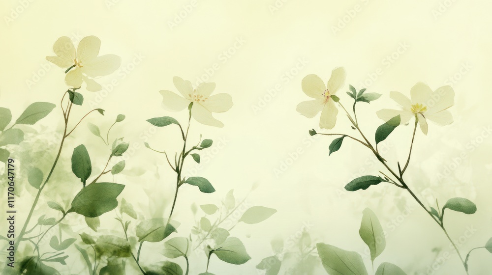 Soft watercolor painting of delicate pale yellow flowers and green leaves on a light green background. Soft watercolor painting of delicate pale yellow flowers and green leaves on a light green background.