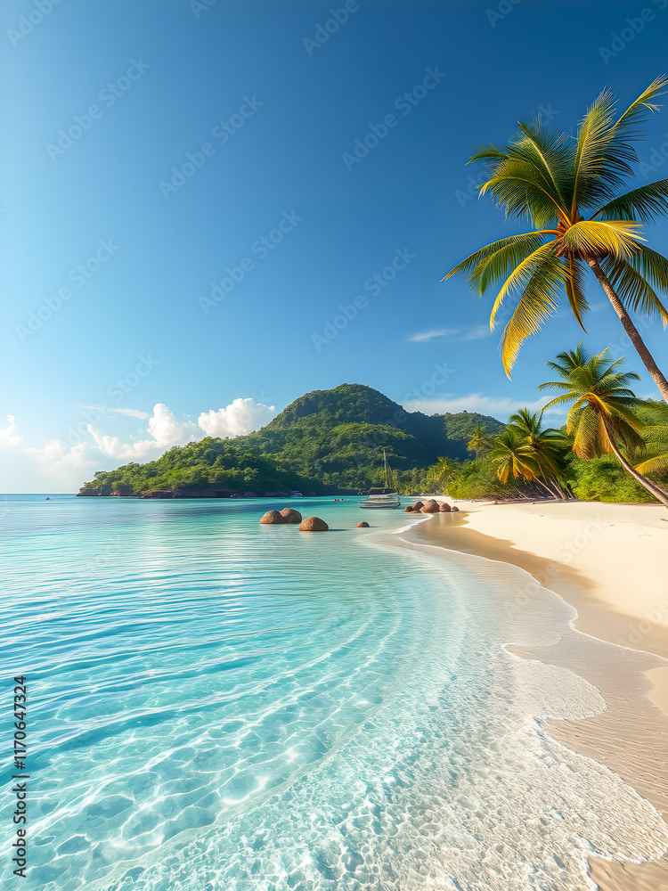 Beautiful palm tree on tropical island beach on background blue sky white clouds turquoise ocean on sunny day. Perfect natural landscape for summer vacation destination. Amazing nature wallpaper Beautiful palm tree on tropical island beach on background blue sky white clouds turquoise ocean on sunny day. Perfect natural landscape for summer vacation destination. Amazing nature wallpaper