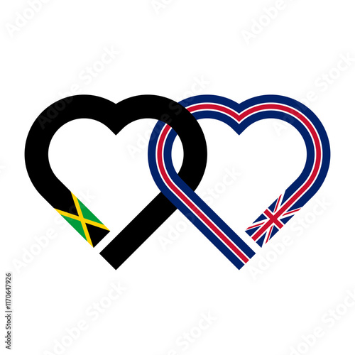 heart shaped ribbon of jamaica and united kingdom flags intertwined. vector illustration isolated on white background