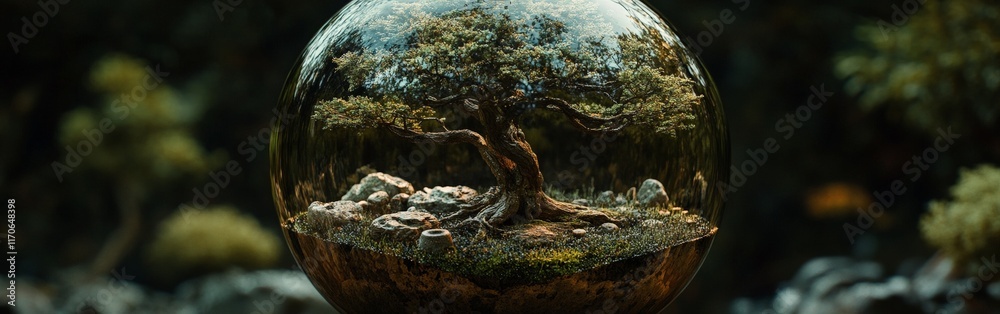 A 3D-rendered terrarium with golden trees symbolizing futuristic harmony between nature and technology, suitable for artistic and environmental concepts. A 3D-rendered terrarium with golden trees symbolizing futuristic harmony between nature and technology, suitable for artistic and environmental concepts.