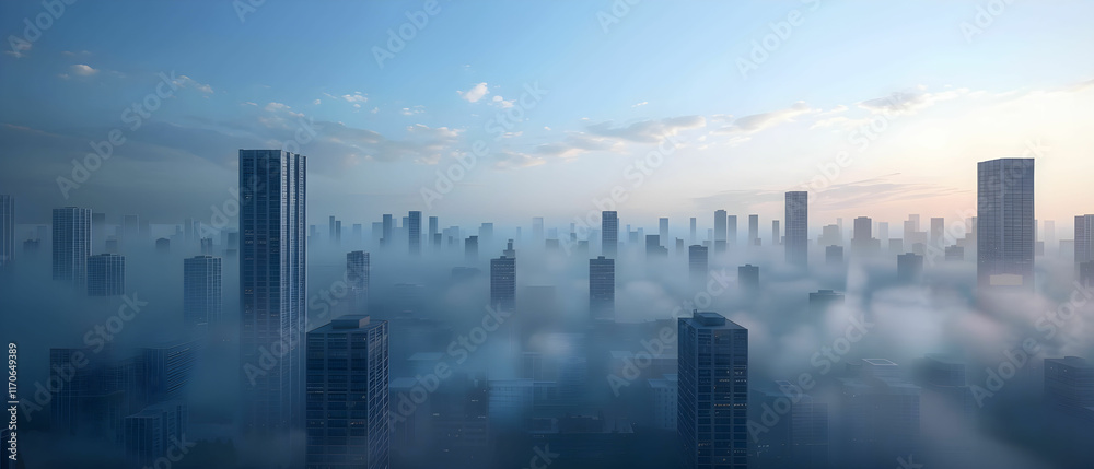 Obraz premium Misty Urban Landscape at Dawn Over a City Skyline with Skyscrapers and Fog