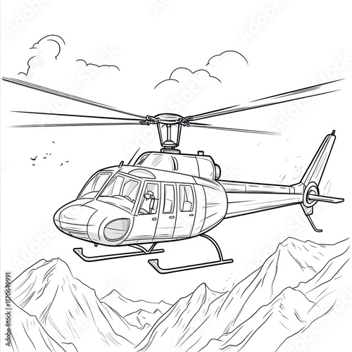 Simple Coloring Page: Helicopter Flying Over Hills for Kids' Activities photo