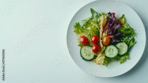 Fresh Salad Plate with Greens, Tomatoes, and Cucumbers on Minimal Background