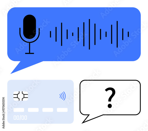 Microphone with soundwave, contactless payment card, and question mark speech bubble. Ideal for communication, technology, AI, payment systems, inquiries, voice recognition abstract line flat