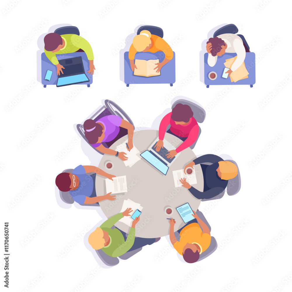 Fototapeta premium Sitting Man and Woman Office Worker on Chair Above View Vector Illustration Set
