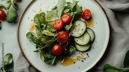 Healthy Salad with Fresh Greens, Tomatoes, and Cucumbers