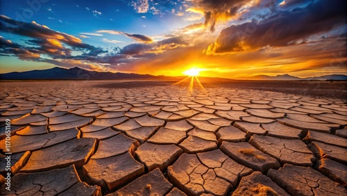 Desert Crack Silhouette at Sunset - Captivating Landscape with Dramatic Shadows, Arid Terrain, and Textured Cracks in the Ground, Perfect for Nature Lovers and Landscape Photography Enthusiasts