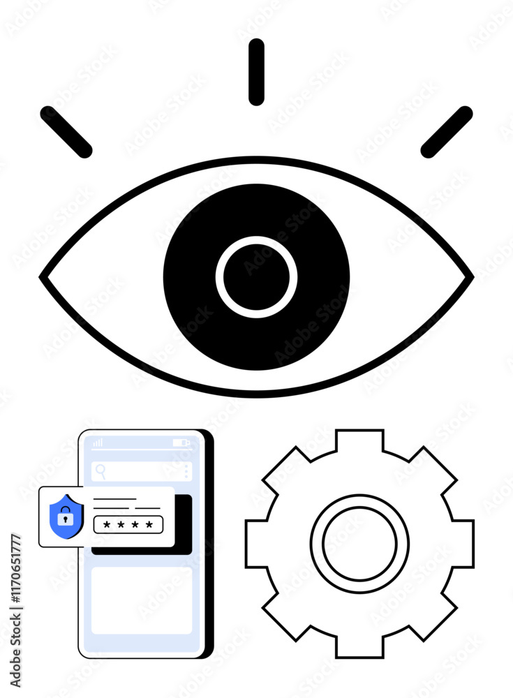 Eye icon for visibility, phone with password screen and shield for security, gear wheel for settings and processes. Ideal for privacy, technology, data, safety, cybersecurity, innovation abstract Eye icon for visibility, phone with password screen and shield for security, gear wheel for settings and processes. Ideal for privacy, technology, data, safety, cybersecurity, innovation abstract
