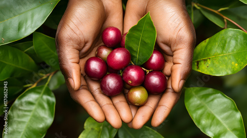 A close-up image depicts hands cradling fresh camu camu berries amidst verdant leaves, representing an abundant organic harvest.