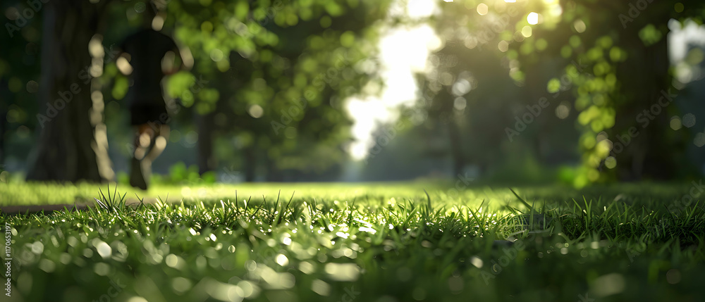 Fototapeta premium Man Jogging Through Lush Green Park Pathway Under Bright Morning Sunlight with Bokeh Effect Background