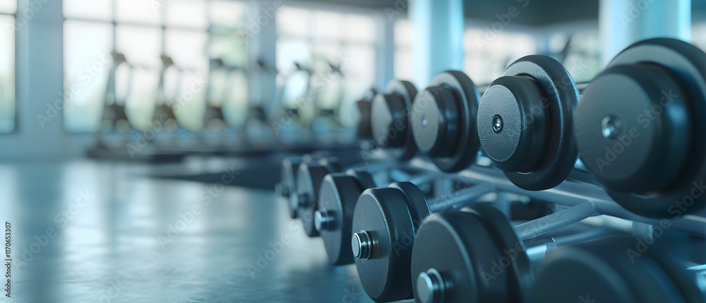 Close-Up of a Row of Dumbbells in a Modern Gym Environment with Bright Natural Lighting and Cardio Equipment in Background