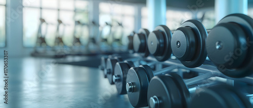 Obraz na płótnie Close-Up of a Row of Dumbbells in a Modern Gym Environment with Bright Natural Lighting and Cardio Equipment in Background w salonie