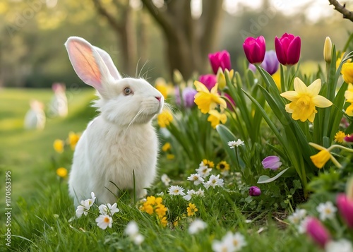 Bunny surrounded by colorful flowers on a bright spring day. Generative AI