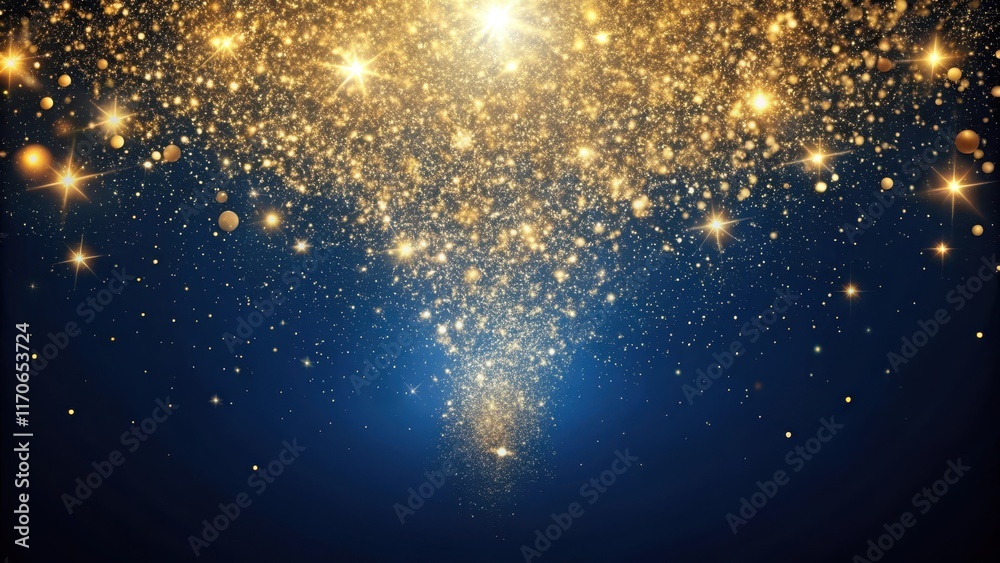 Sparkling golden dust particles suspended in mid-air against a dark blue background, cosmic, psychedelic Sparkling golden dust particles suspended in mid-air against a dark blue background, cosmic, psychedelic