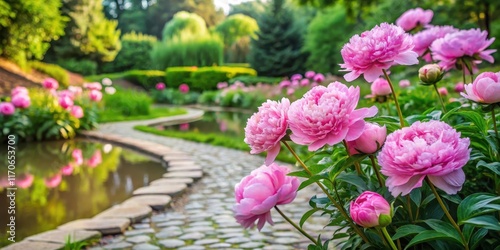 Fototapeta Naklejka Na Ścianę i Meble -  Soft pink peonies blooming in a lush garden surrounded by greenery and a stone pathway leading to a serene pond, garden, path