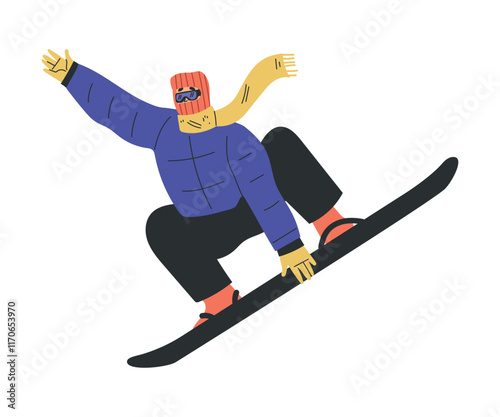 Man Character Snowboarding in Winter Ride Downhill Vector Illustration