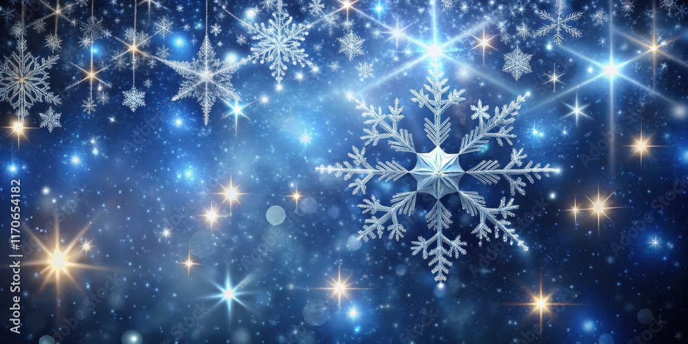 Delicate snowflake gently falls on a starry night sky with a soft white glow, surrounded by twinkling stars in various shapes and sizes , sparkling lights, night sky Delicate snowflake gently falls on a starry night sky with a soft white glow, surrounded by twinkling stars in various shapes and sizes , sparkling lights, night sky