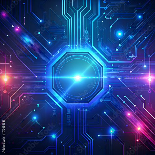 Abstract futuristic circuit board with glowing lines.