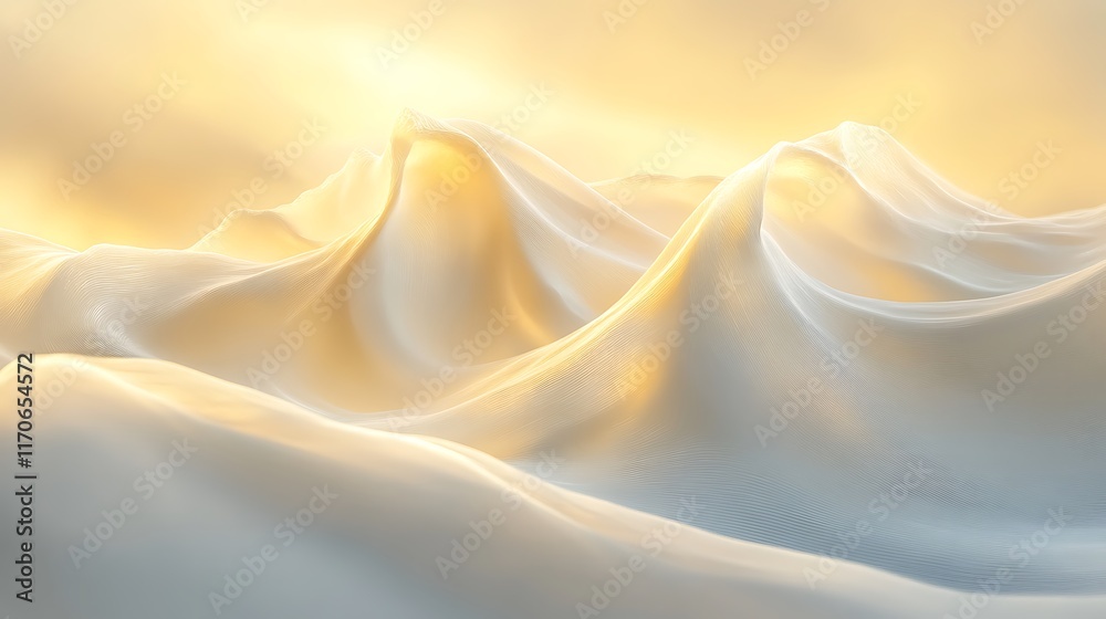Obraz premium Soft, flowing, cream-colored fabric drapes, illuminated by golden sunlight, creating a serene, abstract landscape.