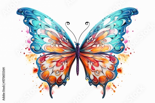 Bright butterfly with colorful wings isolated on white background.Spring themes, children's books, nature illustrations, metaphoric designs. Freedom. transformation. beauty.