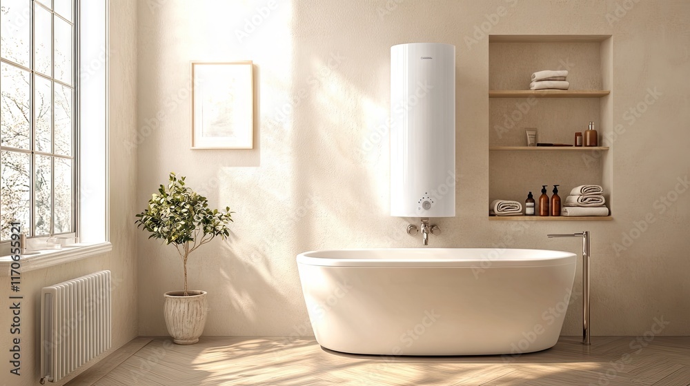Fototapeta premium A serene modern bathroom interior featuring cutting-edge water heater technology and sleek decor.
