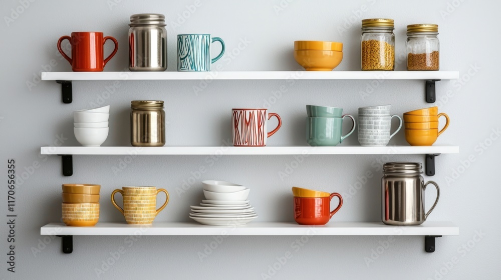 Stylish kitchen and shelf displays, A modern display of colorful mugs and kitchenware arranged neatly on white shelves against a light wall. Stylish kitchen and shelf displays, A modern display of colorful mugs and kitchenware arranged neatly on white shelves against a light wall.