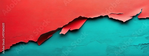 Torn teal paper on teal background, vibrant red sheet with jagged edge, minimalist design, striking contrast for bold messaging