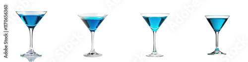 Chilled blue martini cocktail glasses served on a reflective table in a stylish modern bar or lounge setting
