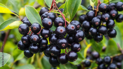 A closeup of the bush of Aronia arbutifolia, the red chokeberries photo