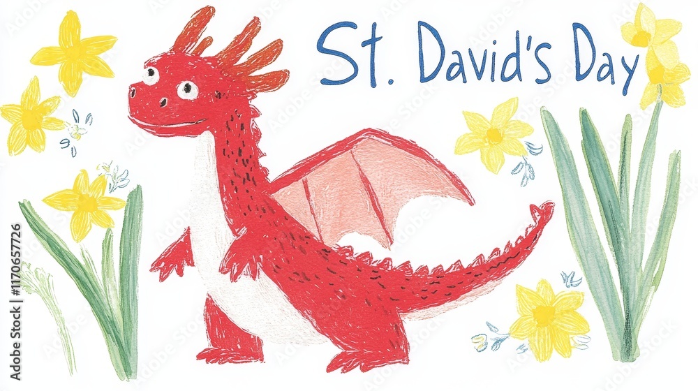 Fototapeta premium Whimsical St. David's Day Illustration with Red Welsh Dragon and Daffodils 22