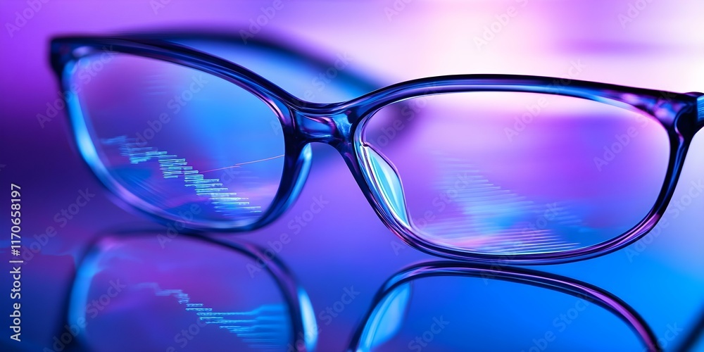 A pair of stylish glasses reflecting colorful light, creating a modern and artistic visual effect. Concept Stylish Glasses, Reflection Techniques, Modern Visual Art, Colorful Light Effects A pair of stylish glasses reflecting colorful light, creating a modern and artistic visual effect. Concept Stylish Glasses, Reflection Techniques, Modern Visual Art, Colorful Light Effects