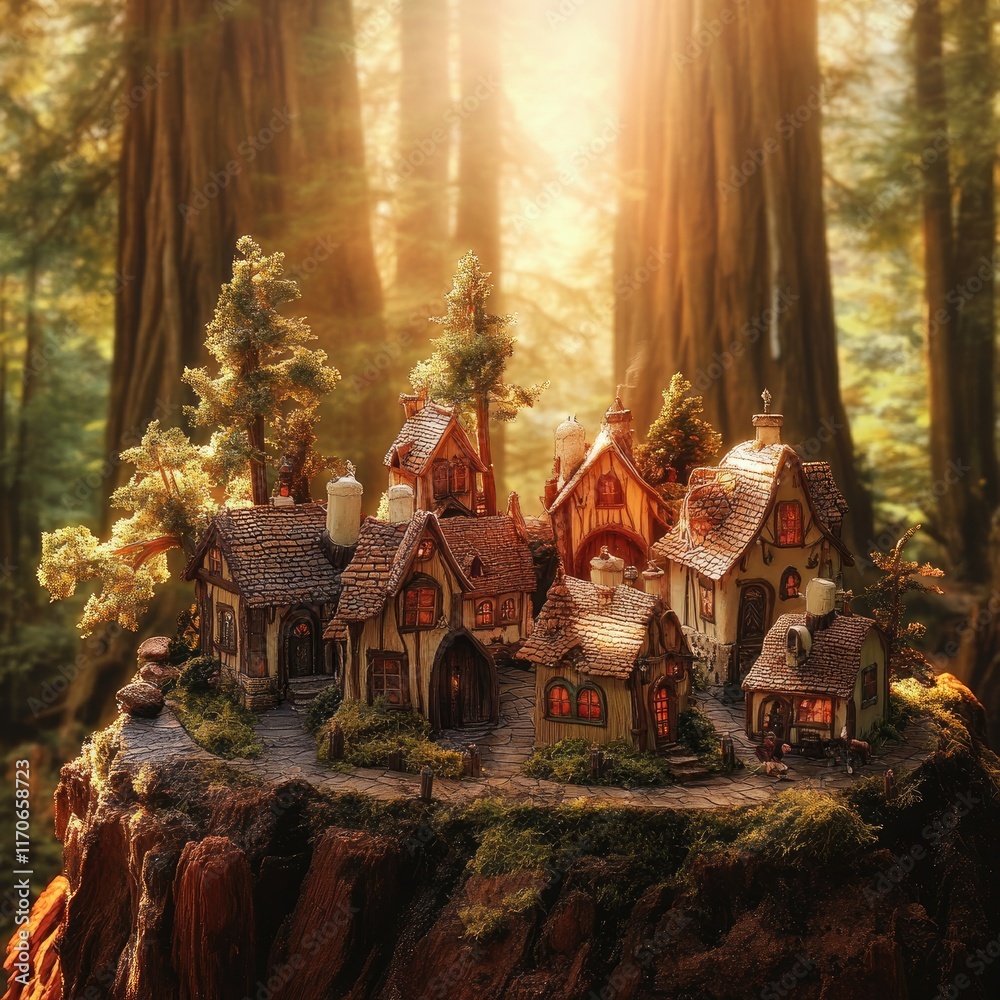 Fototapeta premium Enchanting Miniature Village Nestled Within A Redwood Forest