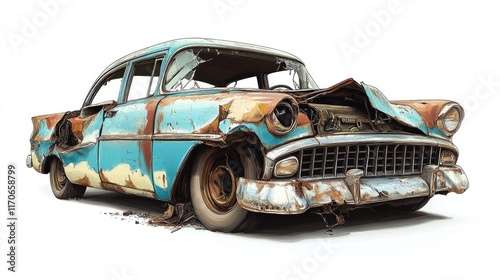 A wrecked car displayed on a white background for insurance and repair claim illustrations.