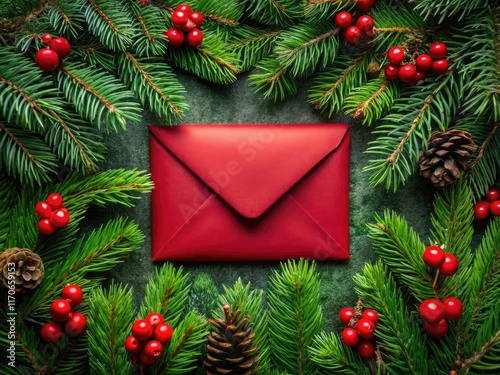 Dark green foliage and festive design adorn a Christmas envelope, holding a holiday greeting card. photo