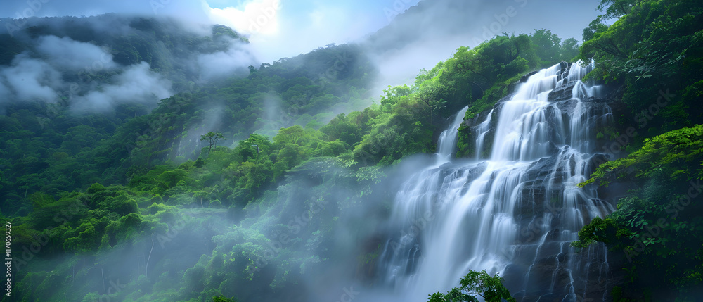 Fototapeta premium Majestic Waterfall Cascading Through Lush Green Forest Under Dramatic Cloudy Sky