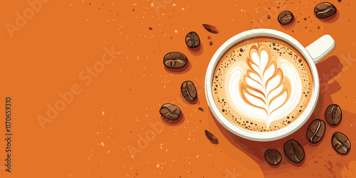 Vector Coffee Latte Art with Scattered Beans
