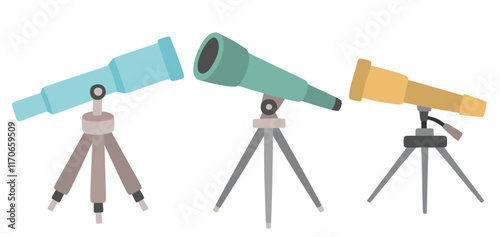 Cute telescope flat vector character set with cartoon flat style.