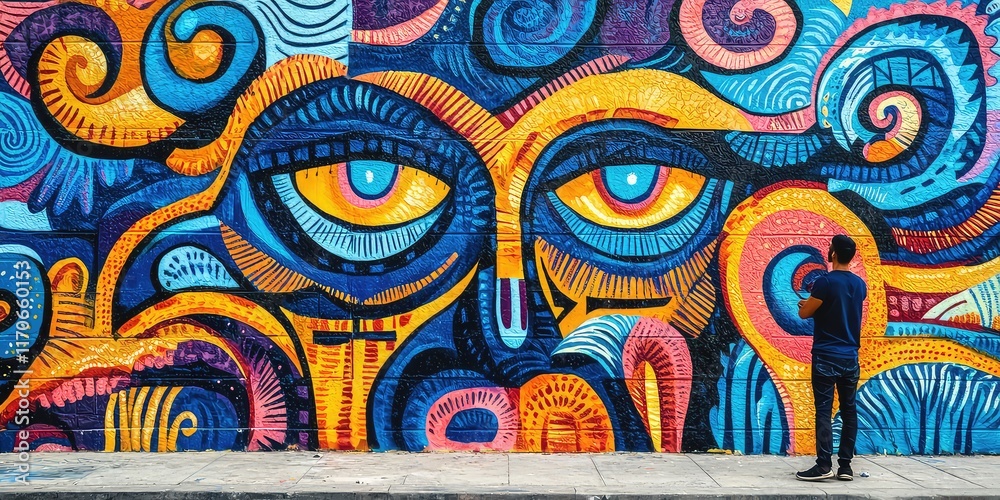 Fototapeta premium An artist painting a large mural on an urban wall with bold and intricate designs.