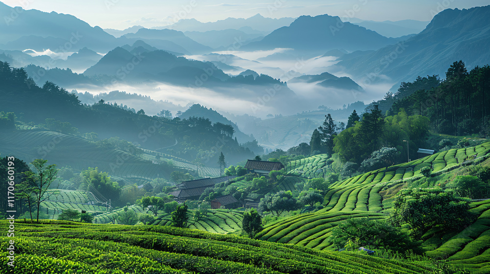 Lush Green Tea Fields Under Dramatic Sky