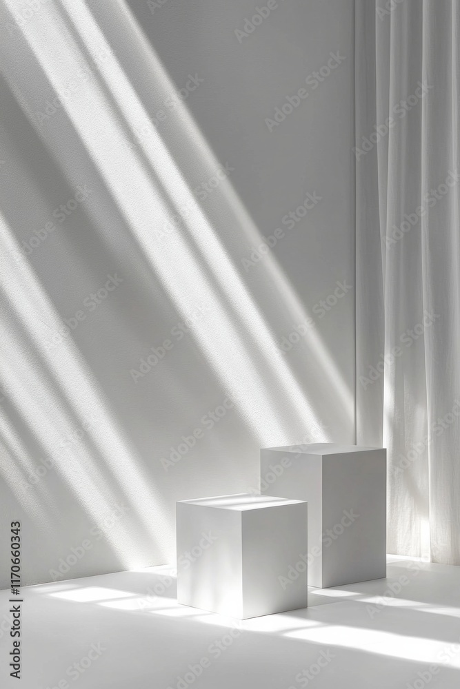 Fototapeta premium Minimalist white background for product display with square pedestals, soft shadows, and light rays 