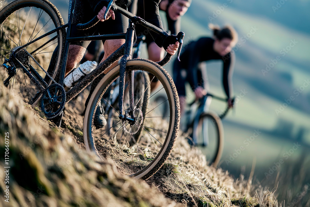Fototapeta premium Cyclists climbing a muddy hill during a race