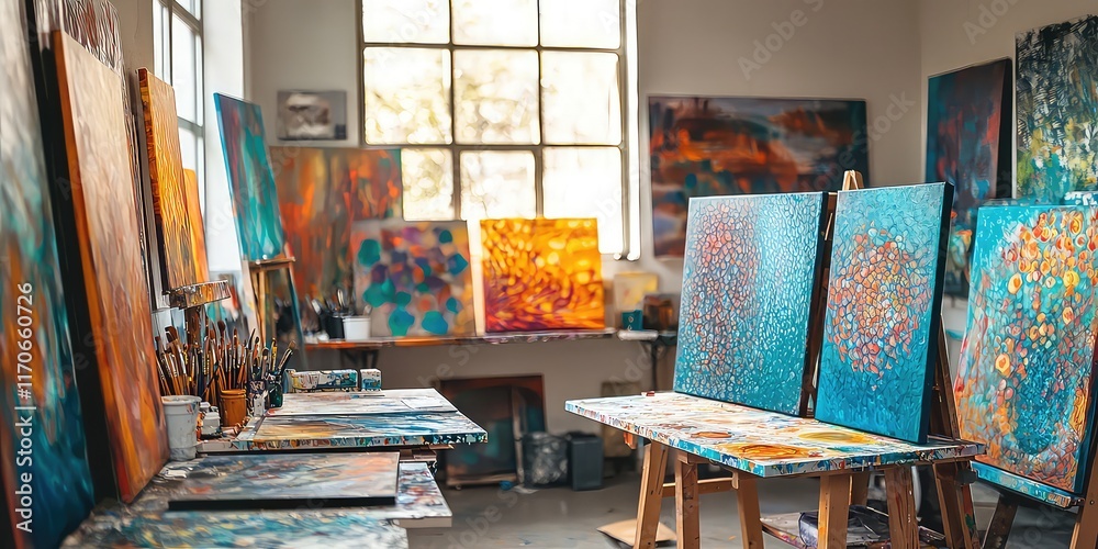 Fototapeta premium An artistâ€™s studio filled with canvases showcasing abstract patterns and vibrant hues.