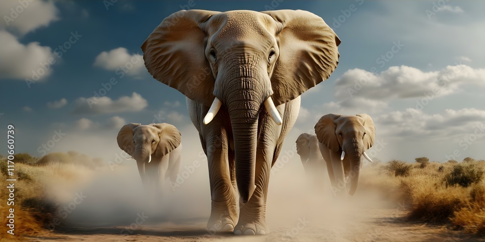 Fototapeta premium A group of elephants walking through a dusty landscape with a dramatic sky in the background. Concept Elephants on the Move, Dusty Terrain, Dramatic Sky, Wildlife Photography, Scenic Landscapes