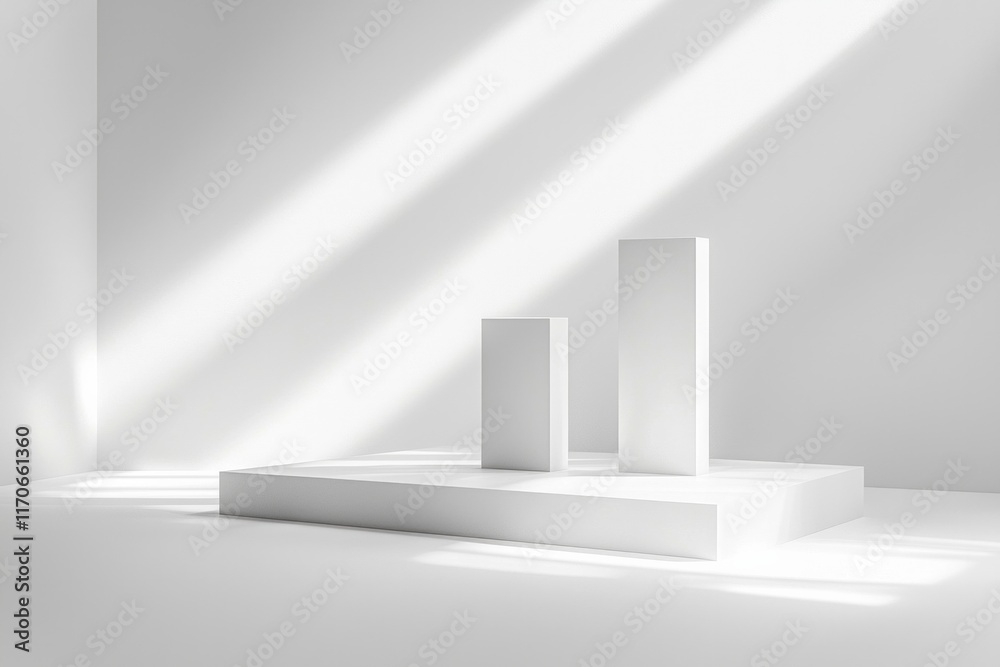 Fototapeta premium Minimalist white background for product display with square pedestals, soft shadows, and light rays 